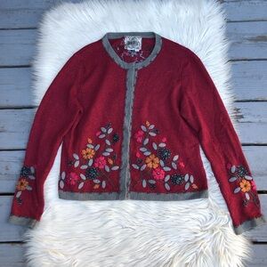 Vintage Curio Grannycore 3D Floral Embroidery Burgundy Knit Cardigan size L